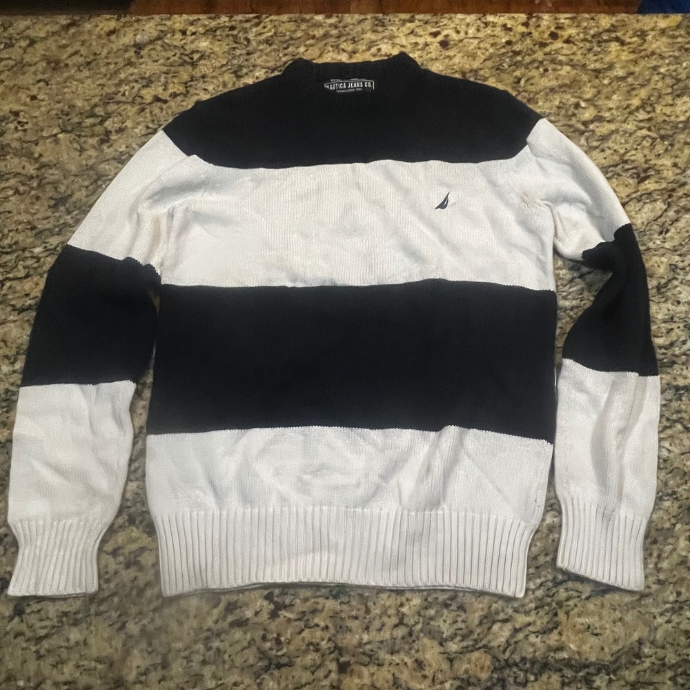 Nautica‎ Jeans Co Mens Navy White Striped Cotton Knit Crewneck Sweater Small